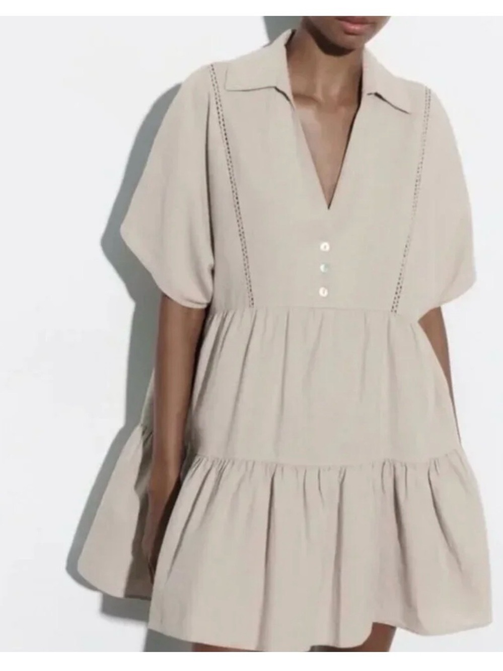 Zara Beige Tiered Lace Detail Mini Linen Blend Dress Flowy Minimalist Women’s M